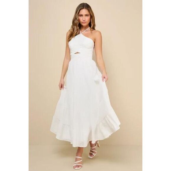 Lulus Womens Effortless Sweetness White Ruched Lace-Up Tiered Midi Dress Large - Picture 3 of 13